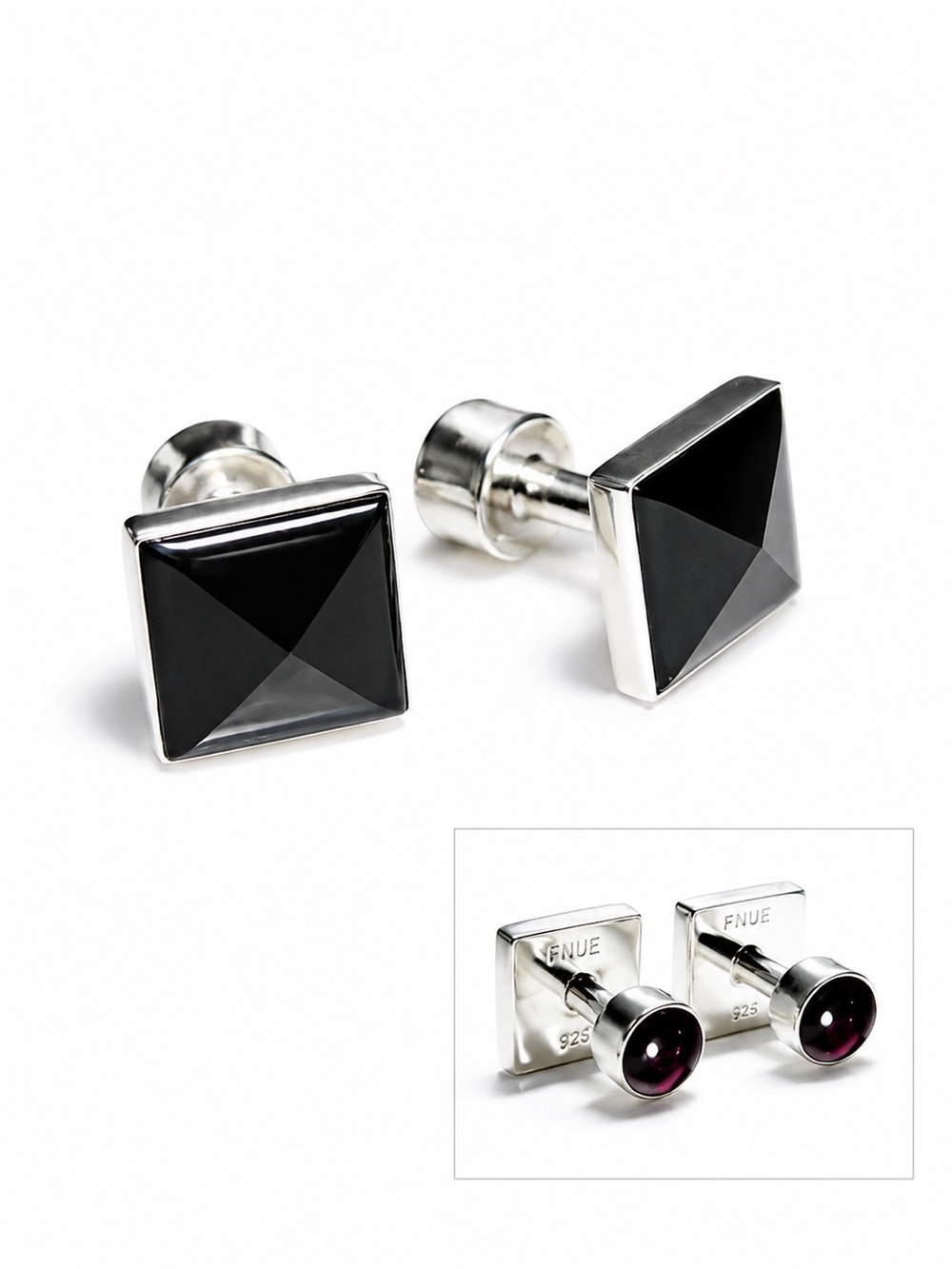 NEW - Handcrafted. .925 Sterling Silver Black Onyx and Red Garnet Cufflinks